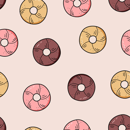 Seamless pattern of donuts with icing, vector illustration background, dessert baking wallpaper