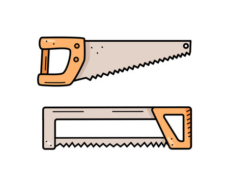 Hand saw doodle cartoon style. Vector illustration of the working tool hacksaw isolated on white.のイラスト素材