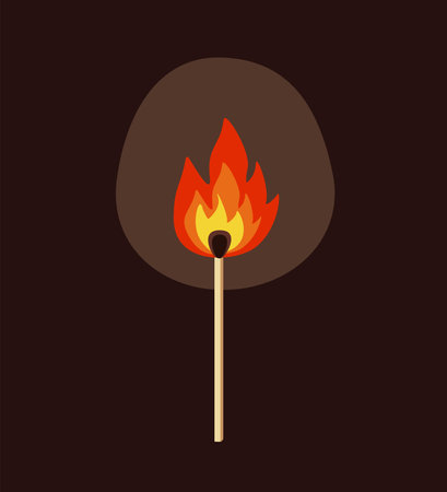 Flame from a match on a dark background. The fire of a burning match, vector illustration.のイラスト素材