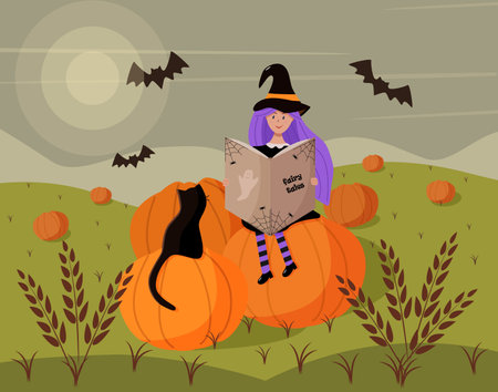 A girl in a witch costume is sitting on a pumpkin with a cat and a book. Halloween cartoon scene. Vector illustration of a wheat field with pumpkins and bats.のイラスト素材