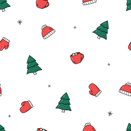 Seamless doodle pattern elements of christmas elements hot chocolate, winter warm clothes, scarf and hat, mittens, Christmas tree.のイラスト素材