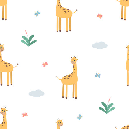 Seamless cartoon cute giraffe pattern. Endless wallpaper background for kids, packaging printing or textiles.のイラスト素材