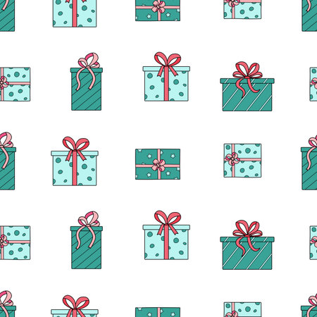 Seamless pattern gift boxes in wrapping paper with bows. background texture packaging.のイラスト素材