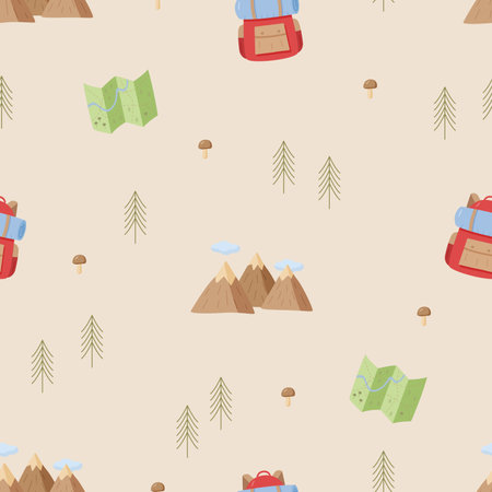 Seamless Pattern Camping icons set. Vector illustration of hiking elements. Mountains, backpack, forest map.のイラスト素材