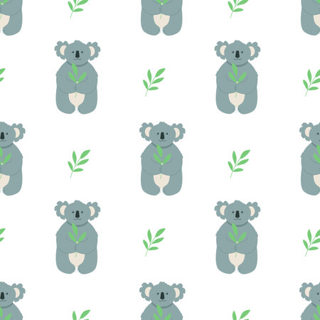 Seamless Pattern Cute cartoon character koala with a sprig of green eucalyptus leaves. vector illustrationのイラスト素材