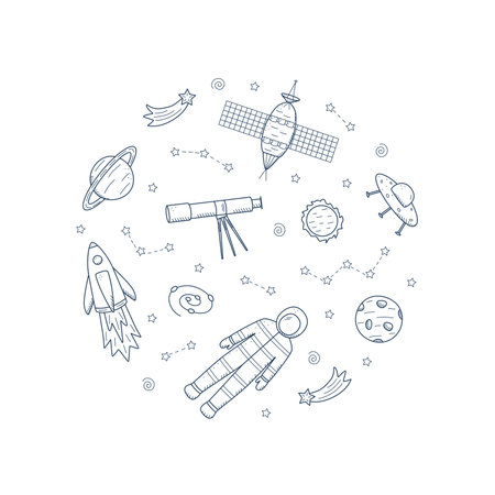 Cosmos doodle is a set of vector illustrations in the circle. Icons of space elements rocket cosmonaut stars satellite telescope cometのイラスト素材