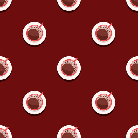 Seamless Pattern Espresso coffee with foam in a red cup and saucer. Top view, vector cartoon illustration in a flat style.のイラスト素材
