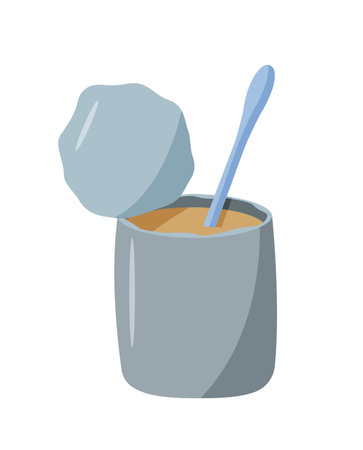 An iron can of canned food is open and a spoon sticks out. Vector doodle illustration of canned food, camping trip.のイラスト素材