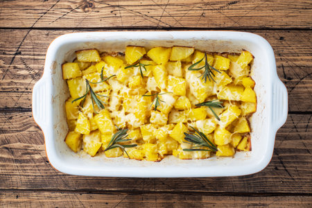 Delicious baked potatoes with spices cheese and rosemary in a ceramic baking tray on a wooden rustic backgroundの写真素材