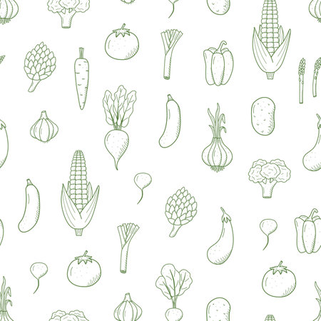 Seamless Pattern of drawing vegetables in doodle style. A set of vector illustrations of the harvest corn potatoes carrots radishes beets garlic onions tomatoes, etc.のイラスト素材