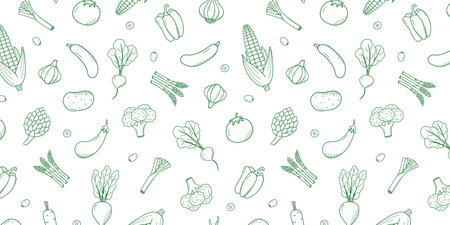 Seamless Pattern of drawing vegetables in doodle style. A set of vector illustrations of the harvest corn potatoes carrots radishes beets garlic onions tomatoes, etc.のイラスト素材