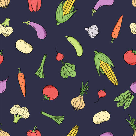 Seamless Pattern Collection of colored drawing vegetables in doodle style. A set of vector illustrations of the harvest corn potatoes carrots radishes beets garlic onions tomatoes, etc.のイラスト素材