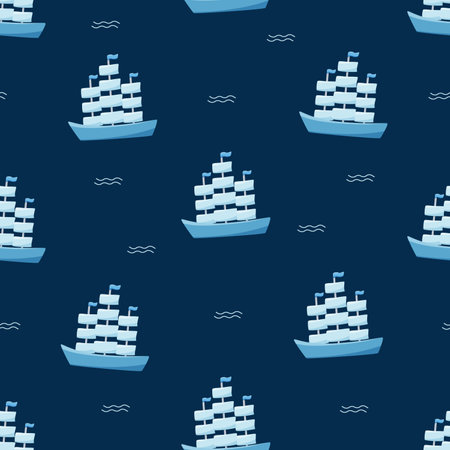 Seamless pattern of a ship with three masts. Vector background historical naval frigate with sails and sea waves.のイラスト素材