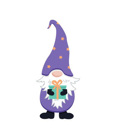 Cartoon funny gnome with a gift box. Vector cute illustration, isolated on white.のイラスト素材