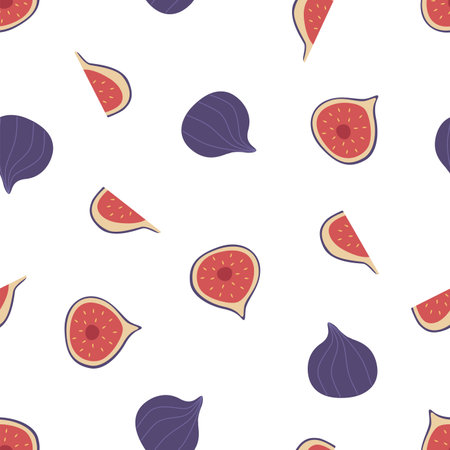 Fig set vector background. Seamless pattern of tropical fig fruit whole half and slice. Illustration wallpaperのイラスト素材