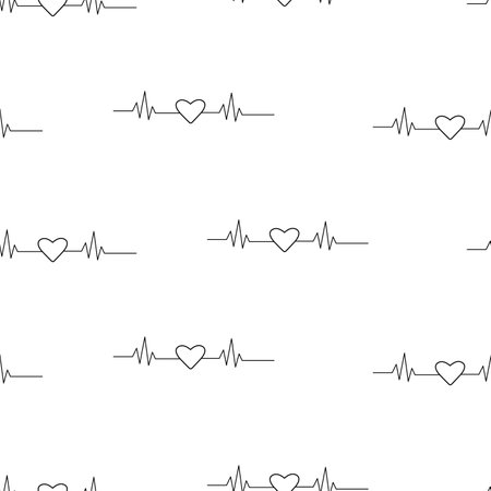 Seamless pattern of a cardiogram with a cartoon heart. Vector illustration of background with a pulsating heart.のイラスト素材