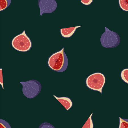 Fig set vector background. Seamless pattern of tropical fig fruit whole half and slice. Illustration wallpaperのイラスト素材