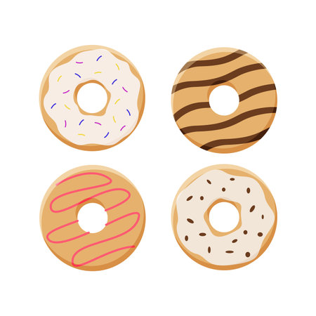 Donuts set, icon cartoon. Vector illustration of sweet dessert pastries. Isolated on a white background.のイラスト素材