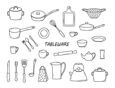 Kitchen tools and tableware doodle icon. Vector illustration set of elements cook.のイラスト素材