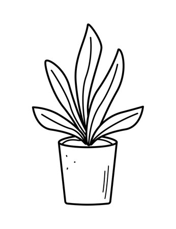 Green flower in a pot, vector illustration of the contour of a doodle plant, landscaping of the roomのイラスト素材