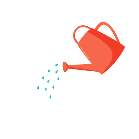 Watering can and water drops. Watering plants, garden tools. Cartoon vector illustration on a white background.のイラスト素材