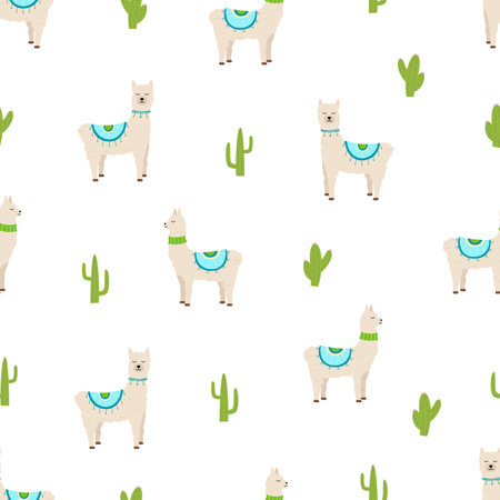 Seamless pattern of cute llamas and cacti. Vector illustration of funny animals background wallpaper.のイラスト素材