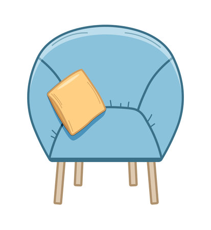 Modern furniture armchair with a pillow icon. Vector doodle illustration of an interior item. Isolate on white.のイラスト素材