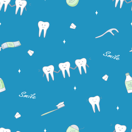 Seamless Pattern Dentistry set icons. Vector illustration of elements for the treatment and care of teeth. Background wallpaperのイラスト素材