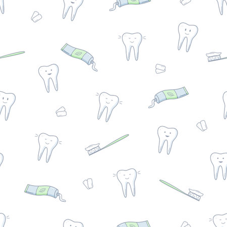 Seamless Pattern Dentistry set icons. Vector illustration of elements for the treatment and care of teeth. Background wallpaperのイラスト素材