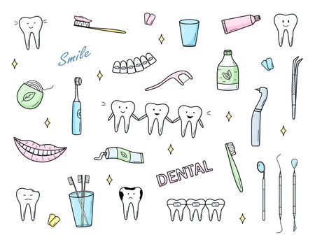 Dentistry set of doodle icons. Vector illustration of elements for the treatment and care of teeth. Dentist's tools. Teeth with emotions.のイラスト素材