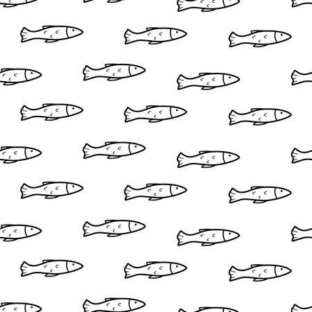 Seamless pattern with fish doodle style. Vector illustration a flock of fish, background sprat fish saury capelin.のイラスト素材