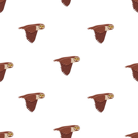 Seamless pattern cute funny owl with tilted leaned head in flight. Vector background illustration of cartoon forest night birds.のイラスト素材