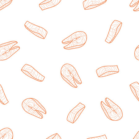 Fish steak seamless pattern. Vector illustration of grilled red fish with sauce and lemon. Healthy eating background.のイラスト素材
