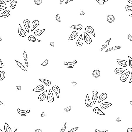 Seamless pattern of mussels, lemon and sauce doodle icon. Vector illustration seafood background, open mussel shells.のイラスト素材