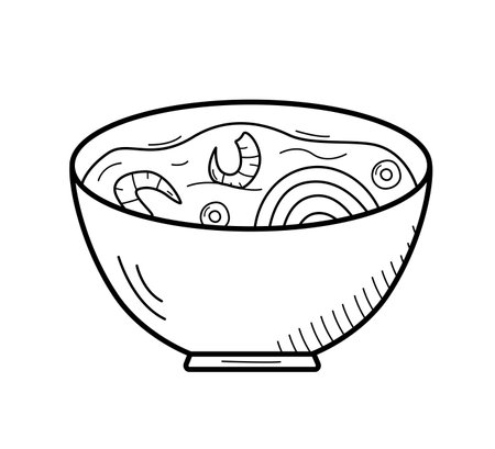 Soup with noodles, eggs, and shrimp in a bowl. Vector illustration of Asian cuisine, doodle icons for restaurant menus.のイラスト素材