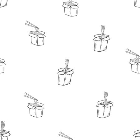 Seamless pattern Noodles with chopsticks in a box, doodle icon. Vector illustration of Chinese food, udon.のイラスト素材