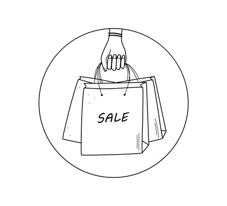 Hand girl with shopping bags doodle style. Vector illustration of the shopping concept. The description is Sale.のイラスト素材