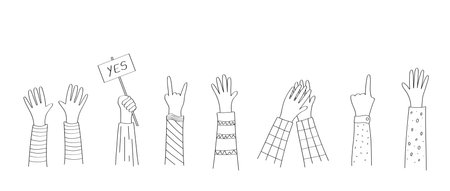 A set of cartoon doodle hand icons. Vector illustration of hand gestures, applause, thumbs up, palm greeting.のイラスト素材