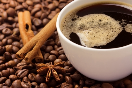 Coffee in beans with cinnamon bark and aniseの写真素材