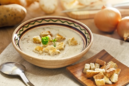 Soup and ingredients on the table, studio shotの写真素材