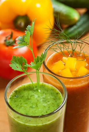 Healthy drink, vegetable juice, red and greenの写真素材