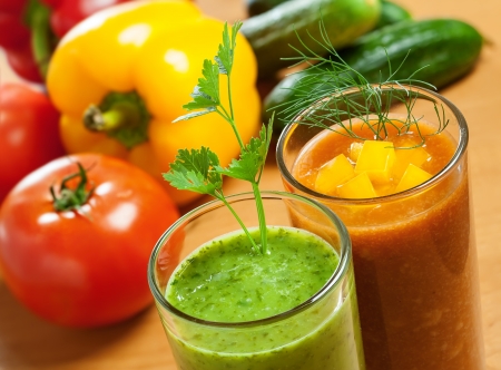Healthy drink, vegetable juice, red and greenの写真素材
