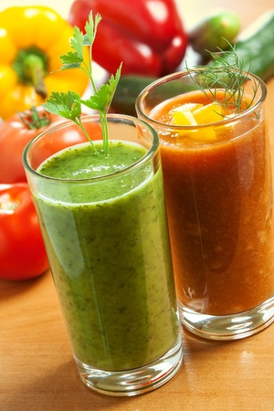 Healthy drink, vegetable juice, red and greenの写真素材