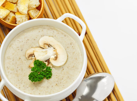 Mushroom cream soup on a table, foodの写真素材