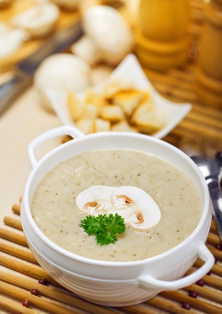 Mushroom cream soup on a table, foodの写真素材