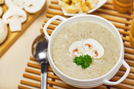 Mushroom cream soup on a table, foodの写真素材