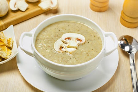 Mushroom cream soup on a table, foodの写真素材