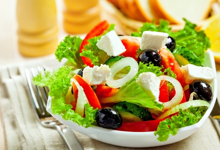 Greek vegetable salad with feta cheese, top viewの写真素材