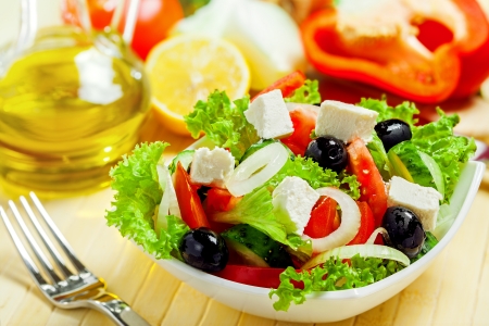 Greek vegetable salad with feta cheeseの写真素材