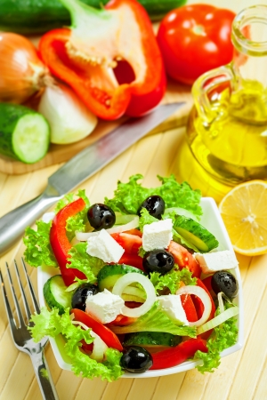 Greek vegetable salad with feta cheese, top viewの写真素材